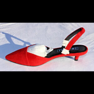 NEW SOL SANA KATE 1-3/4" WRAPPED KITTEN HEEL SLINGBACK STRAWBERRY RED SUEDE SNDL